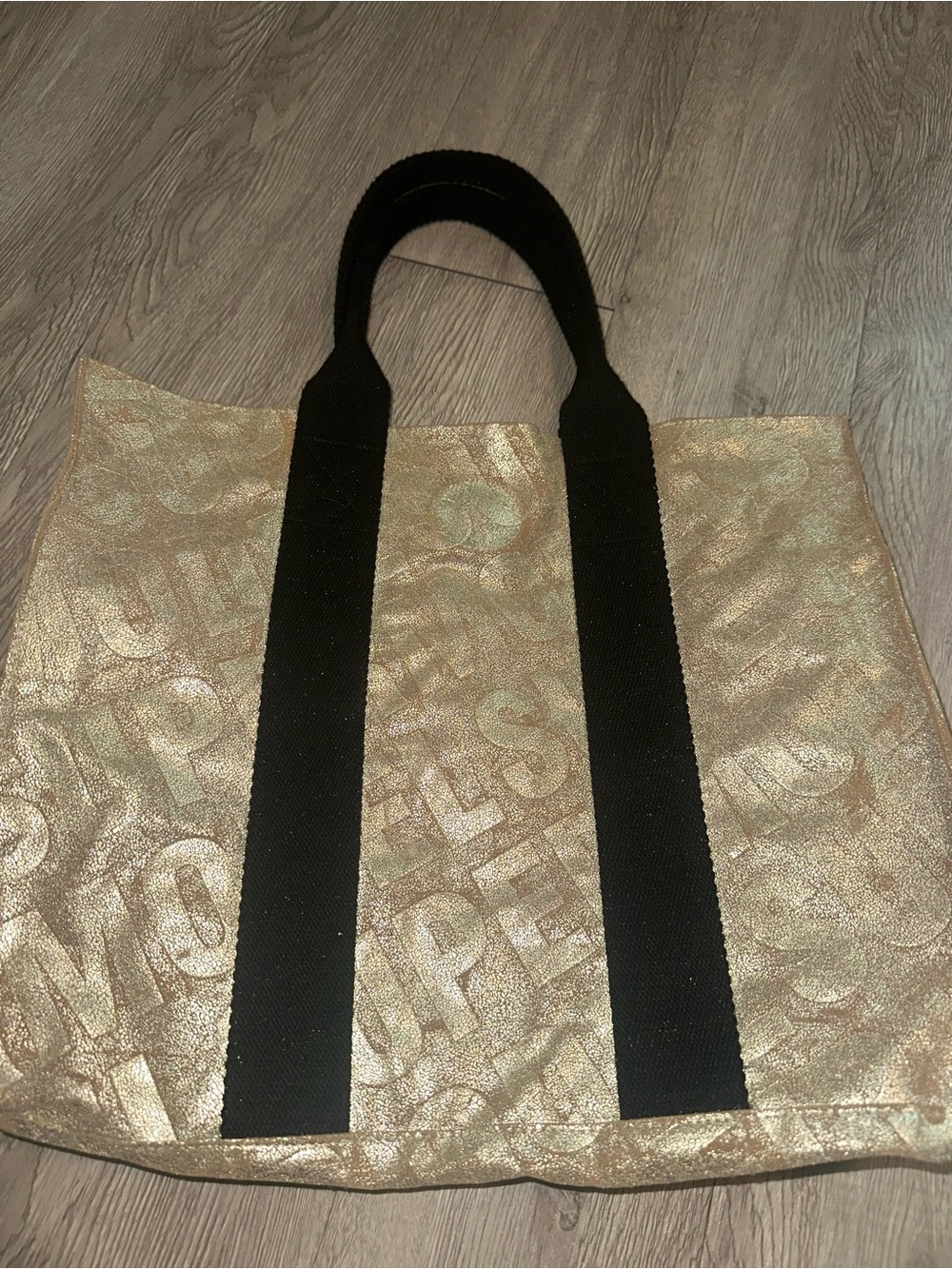 Victorias Secret Super Model Gold Metallic Tote Bag With Black Straps
